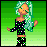 Pixelated character with light green hair and closed eyes, wearing black off-shoulder top with white dots and matching pants against gradient green background.