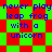 A static digital image with blue text on a green and red checkered background, displaying the phrase "never play leap frog with a unicorn" in two identical sections.