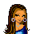 Pixelated character with long brown hair, blue top, and hoop earrings; partial body view showing torso in blue outfit and legs in sandals.