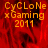 Red background with orange text reading "CyCLONe xGaming 2011" in pixelated font, two identical side-by-side with one partially obscured by gray