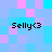 Pixelated of light blue and pink squares with four instances of 'Selly<3' text in black pixel font