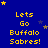 Blue background with yellow text reading "Lets Go Buffalo Sabres!" repeated in a , surrounded by small yellow and blue stars