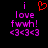 Pixelated text and symbols on black background with red heart symbol above 'i love fwwh! <3<3<3' in purple.