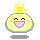 Four pixel art frames of a yellow circular character with pink cheeks and mouth, showing star crown variations against gray background.