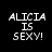 Black background with white pixelated text 'ALICIA IS SEXY!' and red rectangular overlays shifting across the text in a of six