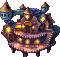 Pixelated castle with glowing windows on a floating platform, viewed from multiple angles in a
