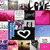 small square images with repeated patterns including pink, blue, black, and white colors featuring heart symbols and partial text