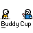 Animated contact sheet of 20 pixel art frames showing a stick figure character with white head and yellow body holding a blue cup, performing various actions like raising the cup, drinking, and moving across frames.