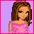 Pixel art contact sheet showing four frames of a pink-themed animated character with brown hair, blue eyes, and various poses holding accessories like a white ring and a pink basket.