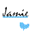 Pixelated text 'Jamil' in black script above a light blue horizontal bar, with a small blue pixelated shape below.