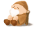 Pixelated gnome with closed eyes, white beard, brown hat and coat, seated on a chair against gray background.