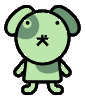 Green cartoon dog with dark green patches on head and body, standing in a of nine identical frames
