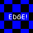 Blue and black checkered background with four instances of 'EDGE!' text in white pixelated font, two static and two animated diamond-shaped patterns.