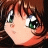 A 48x48 pixel buddy icon featuring a close-up of an anime-style character's face on the left and text elements on the right against a black background.