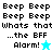 Pixelated text and star icons on white and cyan backgrounds with 'Beep Beep' repeated, 'whats that', '...the BFF Alarm!', and a small blue or white star.