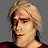 Pixelated close-up of a person with light brown hair, dark eyes, and a neutral expression wearing a dark red garment against a gray background.