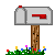 Animated pixel art of a mailbox on a wooden post with grass and flowers, showing sequential changes in mailbox door position and small yellow-and-black bee sprites.