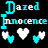 Pixelated text 'Dazed Innocence' in cyan and white with multiple heart icons below on black background.