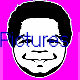 identical cartoon-style faces with black hair and beards on a bright pink background, each overlaid with blue 'Pictures' text