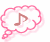 Two side-by-side animated frames of a pink speech bubble icon containing a brown musical note symbol, with subtle pixelated animation effects.