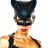 Pixelated static image of a character wearing a black mask and high-collared outfit with visible red lips, cropped to show upper torso against white background.