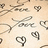 Pixelated static image with beige background featuring multiple heart shapes and faint cursive text elements.