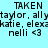 Static image with cyan background displaying repeated text elements including 'TAKEN', 'taylor, allytaylor, allytaylor, ally', 'katie, alexakatie, alexakatie, alexa', and 'nelli <3' in black pixelated font.