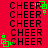 Red background with repeated black 'CHEER' text and green square animations. Green squares move across the text in a looping pattern.