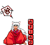 Pixel art character in red robe with white hair and cat ears, seated with speech bubble containing brown symbol, red vertical text blocks to right.
