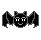 Pixelated black bat icon with white eyes and gray outline, showing two states: wings spread wide on left, wings folded closer to body on right.