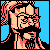 Pixelated static icon of a character with long pink hair, black beard, and glasses against blue background.