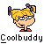 Pixel art icon of a cartoon character with blonde pigtails and purple bows, wearing glasses and an orange outfit against a gray background, with the text "Coolbuddy" below.