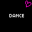 A black background displays a pink pixelated heart symbol above two white 'DANCE' texts in blocky font.