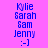 Pixelated blue text lists names and a smiley on two background colors, with one version having a different color scheme.