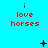 Red text 'i love horses' on cyan background with black and white pixelated symbols changing across frames.