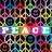 Pixelated grid of multicolored squares with the word "PEACE" in white block letters across the center, surrounded by abstract patterns.