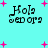 Pixelated text 'Hola senora' on cyan background with pink plus signs, four identical instances arranged in a
