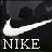 Static grayscale icon featuring a white Nike swoosh logo and text on a dark background with pixelated edges.