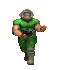 Pixelated character in green armor with helmet, holding a black pistol, shown in four sequential running poses against gray background.
