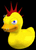Static pixelated yellow rubber duck with red spiky crest, blue eye, and orange beak against black background.