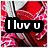 Pixelated icon with red and pink floral background, black rectangular banner containing white text "I luv u" in a stylized font.