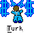 Pixelated character in blue outfit with brown hair and white necklace, standing between two blue grid-like shapes on gray background, with 'Turk' text below.