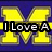 Yellow blocky 'M' letters on blue background with text overlays reading "I Love A Michigan" and "Boy" in black rectangles.