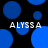 Blue circular shapes on black background with repeated text 'ALYSSA' in white pixelated font.