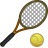 Pixelated tennis racket with brown frame and black handle positioned diagonally above a yellow tennis ball on white background.
