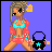 Pixel art doll with blonde hair and green eyes in bikini top and shorts, holding a black bag with a blue star, standing against a purple background.