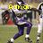 A football player in purple and white uniform with yellow text overlays showing names and yardage on a grass field.