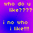 Pixelated yellow text on purple gradient background with repeated phrases 'who do u like????' and 'i no who i like!!!!'