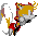 Pixelated character with yellow hair and red clothing in two sequential poses showing motion blur effects on limbs.