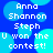 Blue background with light blue circular shapes and white pixelated text reading "Anna Shannon Steph U won the contest!" repeated twice.